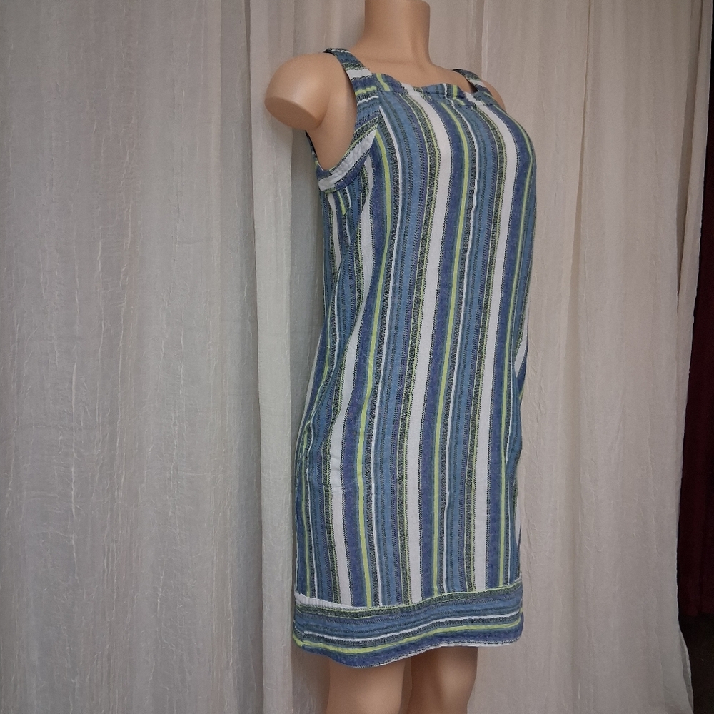 For Cynthia Blue and Green Striped Mini Dress Women Sz XS 55%Lino 48% Viscose - Picture 13 of 16